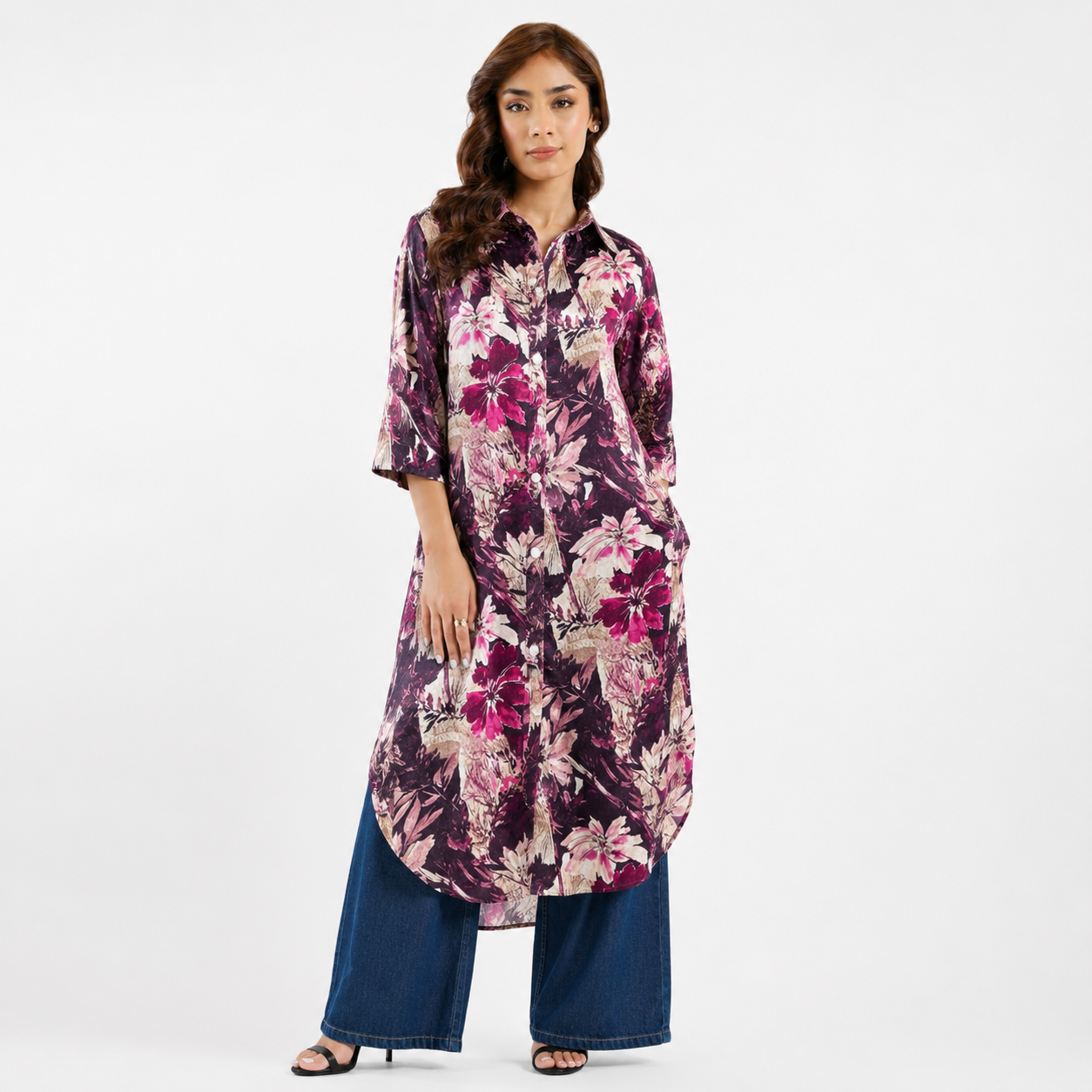 Purple Floral Printed Long Shirt